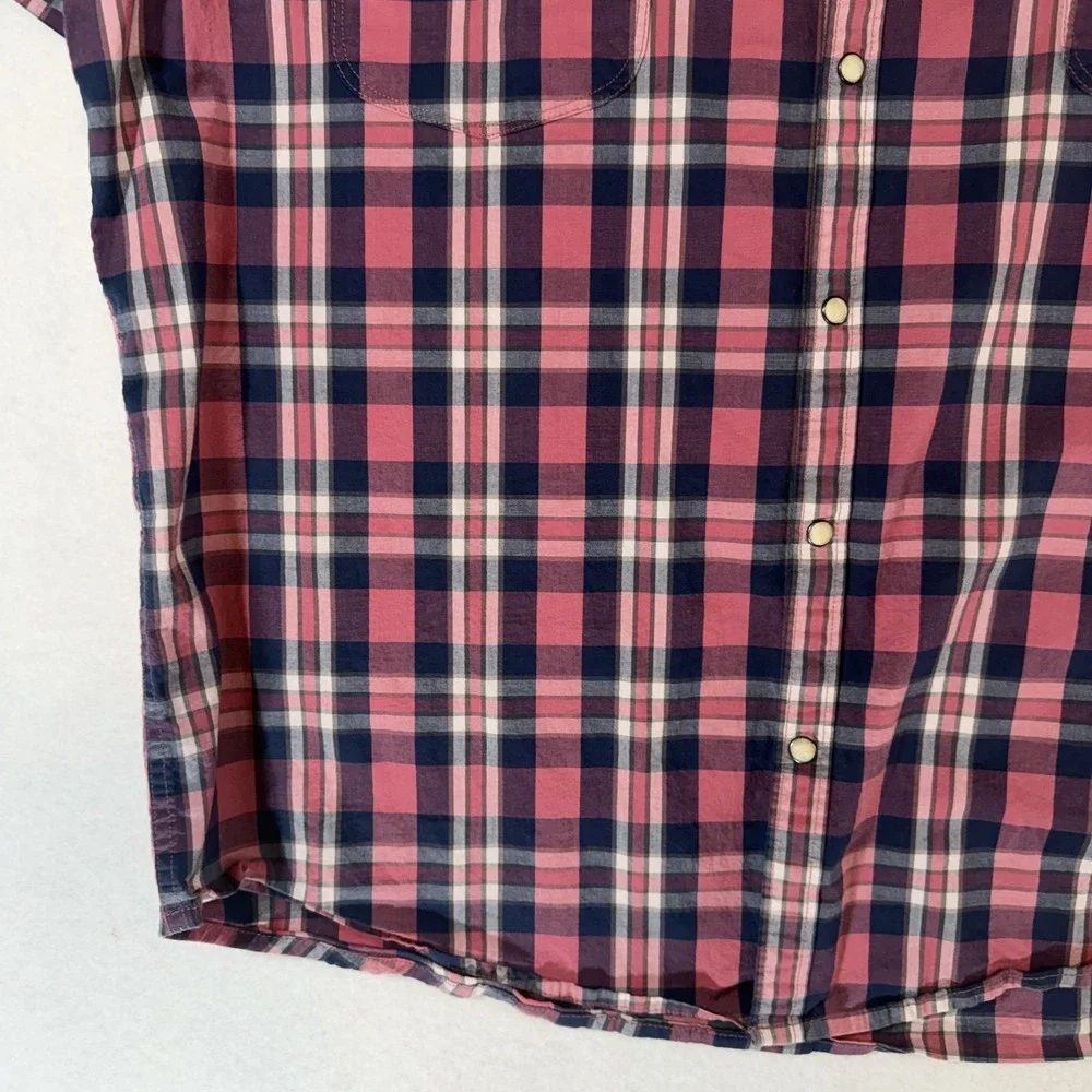 Lucky Brand Mens XXL Pink Navy Plaid Short Sleeve Pearl Snap‎ Western Shirt Y2K